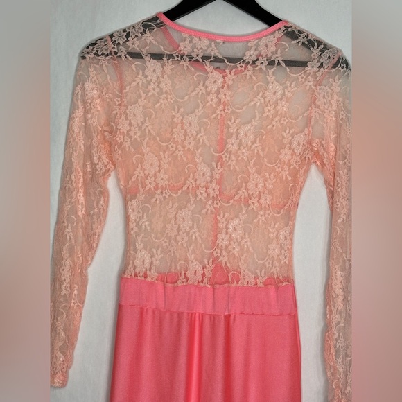 Vintage Sheer Lace Long Sleeve Maxi Dress Flamingo Pink Size Medium Romantic - Picture 6 of 10